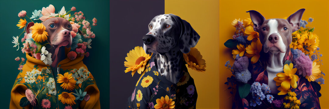 Portrait illustration of a dogs in a flowers