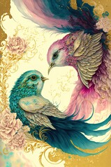 valentine poster and valentine card, love birds and flowers, screensaver for phone in gold green and pink, generative AI