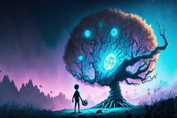 A boy with a magic glowing ball, fantasy illustration