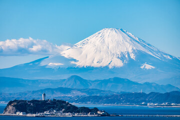 神奈川県逗子市披露山からの湘南江ノ島と富士山