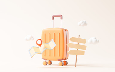 Cartoon style luggage with travel theme, 3d rendering.