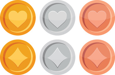 Gold silver and bronze coins with heart and diamond icon, heart coin and diamond coin, game coins