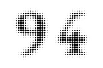 Number 94 Halftone. Pop art style. Halftone dotted backdrop. Design for web banners, wallpaper,sites vector illustration. Abstract Halftone Dotted Number.