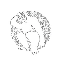 Single one curly line drawing of cute chimpanzee curve abstract art. Single line editable stroke vector illustration of friendly domestic animal for logo, wall decor and poster print decoration