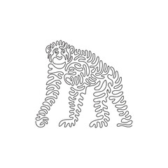 Single one curly line drawing of cute chimpanzee abstract art. Continuous line draw graphic design vector illustration of friendly domestic animal for icon, symbol, company logo, and pet lover club