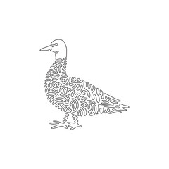 Single one curly line drawing of cute mallard abstract art. Continuous line draw graphic design vector illustration of common birds in the world for icon, symbol, company logo, and pet lover club