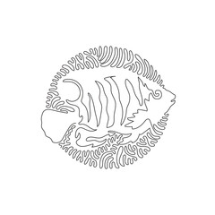 Continuous one curve line drawing of aggressive fish abstract art in circle. Single line editable stroke vector illustration of beautiful colored fish for logo, wall decor and poster print decoration
