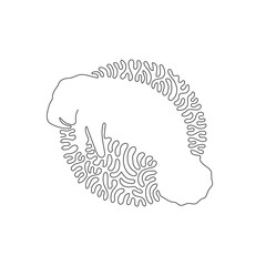 Continuous curve one line drawing of cute manatee abstract art in circle. Single line editable stroke vector illustration of herbivorous marine mammals for logo, wall decor and poster print decoration