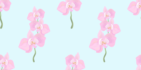 pattern with pink orchids on a blue background