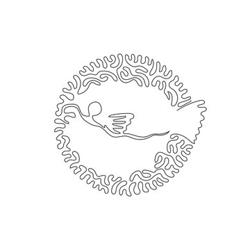 Continuous curve one line drawing of cute puffer fish abstract art in circle. Single line editable stroke vector illustration of very agile swimmer fish for logo,wall decor and poster print decoration