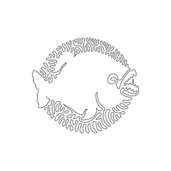 Continuous one curve line drawing of strong jaws piranha abstract art in circle. Single line editable stroke vector illustration of ferocious predatory fish for logo, wall decor and poster print decor