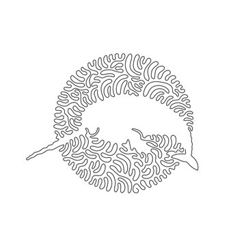 recommend clip art: Single curly one line drawing of cute narwhal abstract art. Continuous line draw graphic design vector illustration of horned narwhal teeth for icon, symbol, company logo, poster wall decor