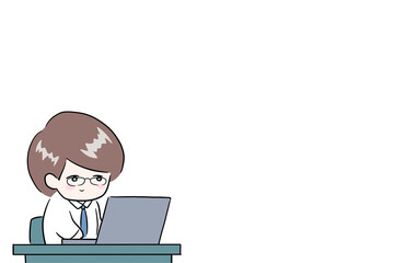 デスクワーク　男性会社員　爽やかな男性　イラスト　オフィスワーク　リモートワーク　テレワーク　パソコン作業をする男性　サラリーマン