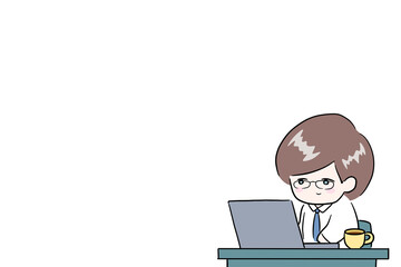 デスクワーク　男性会社員　爽やかな男性　イラスト　オフィスワーク　リモートワーク　テレワーク　パソコン作業をする男性　サラリーマン