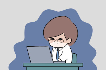 残業が辛い男性のイラスト　眼鏡をかけた男性　　デスクワーク　余白スペース　悪寒　体調不良　冷や汗　仕事辞めたい