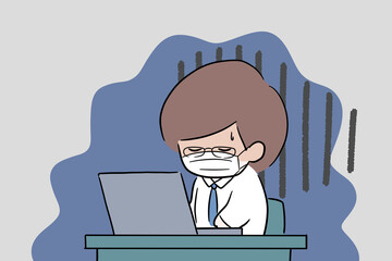 残業が辛い男性のイラスト　眼鏡をかけた男性　　デスクワーク　余白スペース　マスク　悪寒　体調不良　冷や汗　仕事辞めたい
