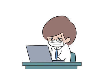 残業が辛い男性のイラスト　眼鏡をかけた男性　　デスクワーク　余白スペース　マスク　悪寒　体調不良　冷や汗　仕事辞めたい