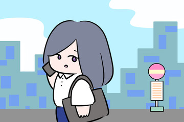 都会の街中を歩く女性　電話をしている女性　カバンを持っている女性　イラスト