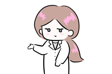 白いボードを指して説明をする女性　にこやかに説明する女性　イラスト　医師　ポップ　余白スペース　コピースペース