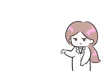 白いボードを指して説明をする女性　にこやかに説明する女性　イラスト　医師　ポップ　余白スペース　コピースペース