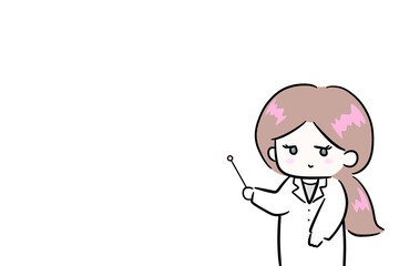 白衣を着て説明をする女性　指示棒を持つ女性　イラスト　余白スペース　コピースペース　医師　白衣