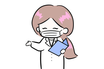 白衣を着て説明をする女性　ノートを持つ女性　マスクをしている女性　イラスト　余白スペース　コピースペース