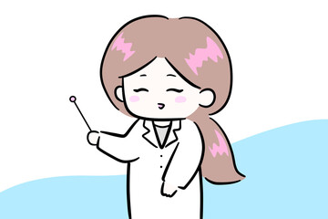 白衣を着て説明をする女性　指示棒を持つ女性　イラスト　余白スペース　コピースペース　医師　白衣