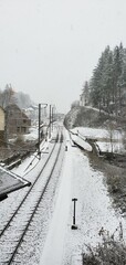 Snowy day near train tracks