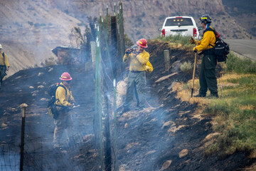 Firefighters battle a wildfire with a hose and hand tools