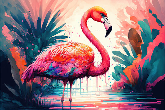 digital watercolor painting of a flamingo in the middle of tropical lakes in bright colors,  AI assisted finalized in Photoshop by me
