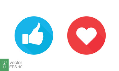 Thumbs up and heart, social media icon. Like, good, love symbol in blue and red circle button. Empathetic emotion reactions. Flat vector Illustration design isolated on white background. EPS 10.