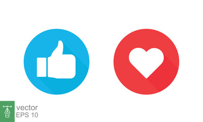 Thumbs up and heart, social media icon. Like, good, love symbol in blue and red circle button. Empathetic emotion reactions. Flat vector Illustration design isolated on white background. EPS 10.