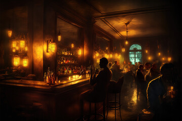 Modern Stylish Speakeasy Bar at Night, generative ai