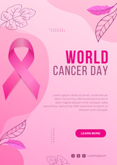Gradient world cancer day vertical poster template with cancer day ribbon and leaf