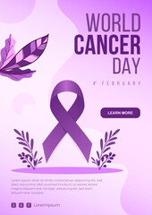 Gradient world cancer day vertical poster template with cancer day ribbon and leaf