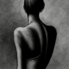 a refined charcoal figure drawing of a female model from behind,  AI assisted finalized in Photoshop by me