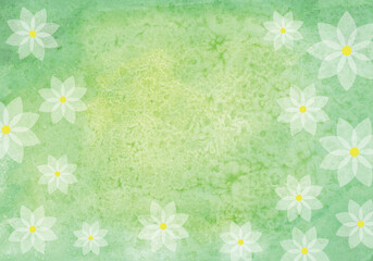 White flowers on green and yellow abstract watercolor texture background. Nature or spring and summer concept. copy space for the text. illustration minimal design style.