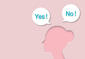 Woman with Yes sign and No on cutout paper speech bubble and pink background, showing negative answer and positive, poll and decision concept. copy space for text. illustration paper cut design style.