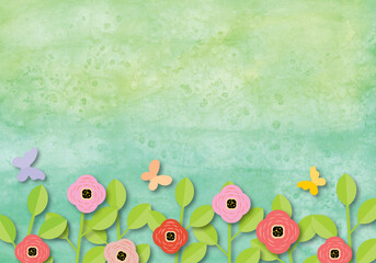 Colorful roses with butterfly on green abstract watercolor texture background. Nature or spring and summer concept. shadow overlay. copy space for text. illustration paper cut minimal design style.