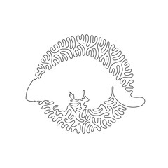 Single one curly line drawing of cute beaver abstract art in circle. Continuous line draw graphic design vector illustration of strong teeth animal for icon, symbol, company logo, and pet lover club