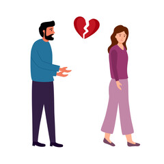 Broken heart concept vector illustration. Sad man and woman with red broken heart pieces. Breakup relationship.