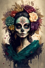 Illustration of woman for Dia de los Muertos makeup and flowers, watercolor  AI assisted finalized in Photoshop by me