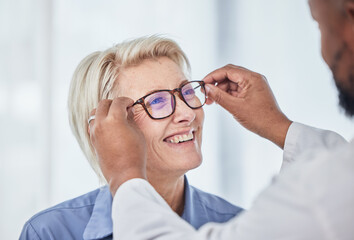 Vision, glasses with doctor and patient, eyes health and optometry, senior woman with black man at clinic. Eye exam, ophthalmology and health insurance with happy customer, consultation and glaucoma.