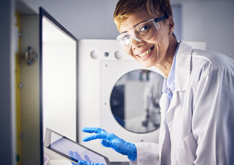 Science, tablet or lab portrait of woman with safety storage for pharmaceutical innovation, medical...
