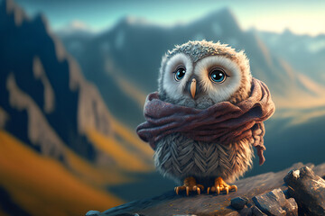  baby owl traveling through the mountains.  Generative AI	