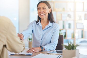 Handshake, hiring and partnership with business woman and deal, agreement with onboarding and job...