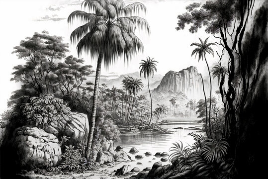 wallpaper tropical jungle with valleys, mountains, trees and palms in a landscape vintage black and white sketch illustration © haitham