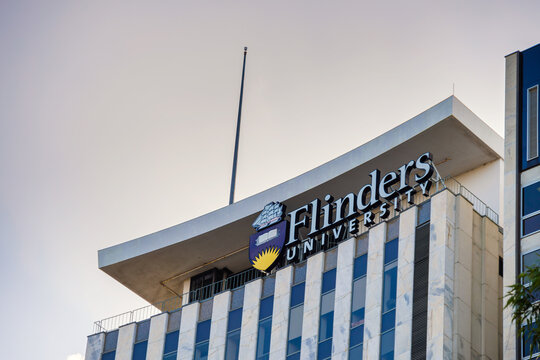 Adelaide, South Australia - August 13, 2019: Flinders University logo on building at Victoria Square in Adelaide CBD on day