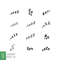 Sleep ZZZ lettering icon set. Scribing doodle, snore ZZZZ symbol collection, sleepy, cartoon, comic style. Rest, relax, bedtime concept. Vector Illustration isolated on white background. EPS 10.