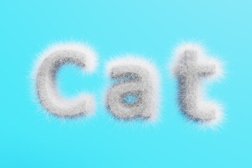 3D render. Lettering cat from white wool on a blue background.